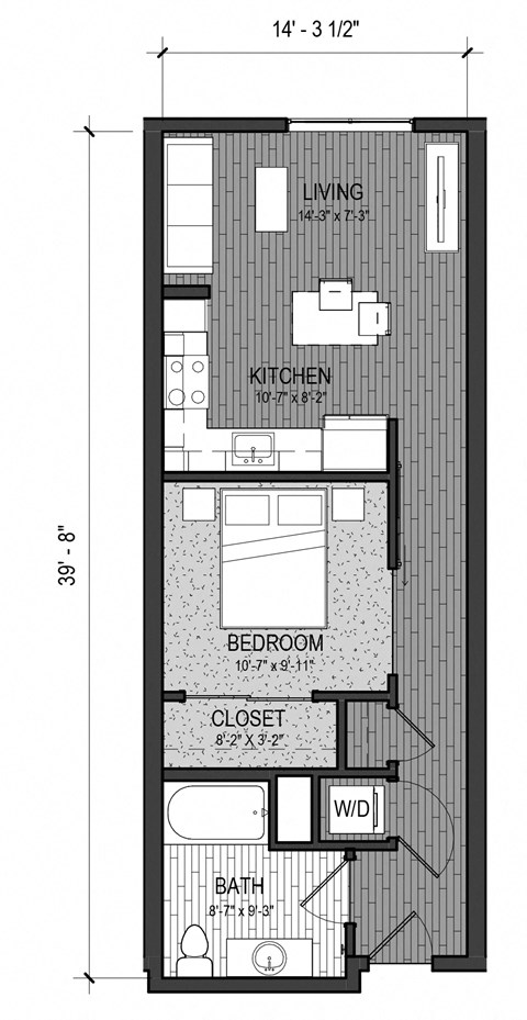 Floor plan for studio, 1 bath, 606 sqft